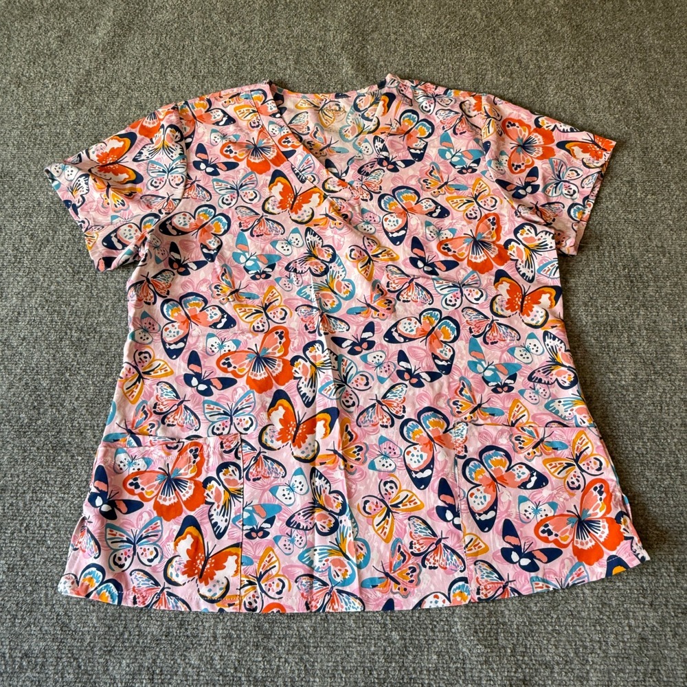 Divine Butterfly Print Scrub Top Womens XL Pink Orange V-Neck Medical Uniform